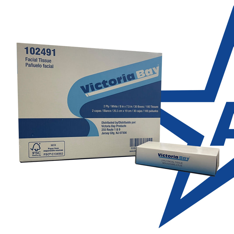 Victoria Bay Facial Tissue 2 Ply, 100 Sheet (30 Packs Per Case)